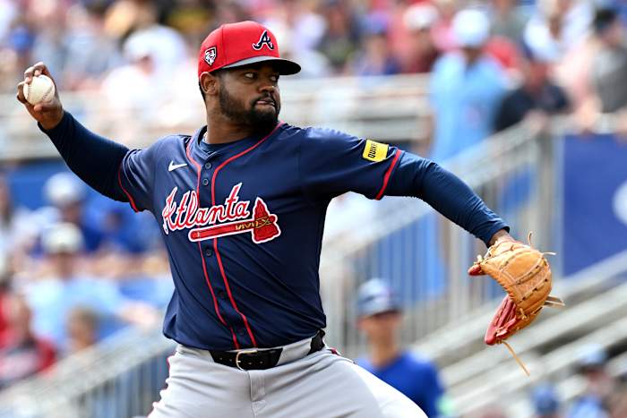 Mar 2, 2024; Dunedin, Florida, USA; Atlanta Braves pitcher Reynaldo Lopez (40) throws a pitch in the first inning of the spring training game against the Toronto Blue Jays at TD Ballpark.